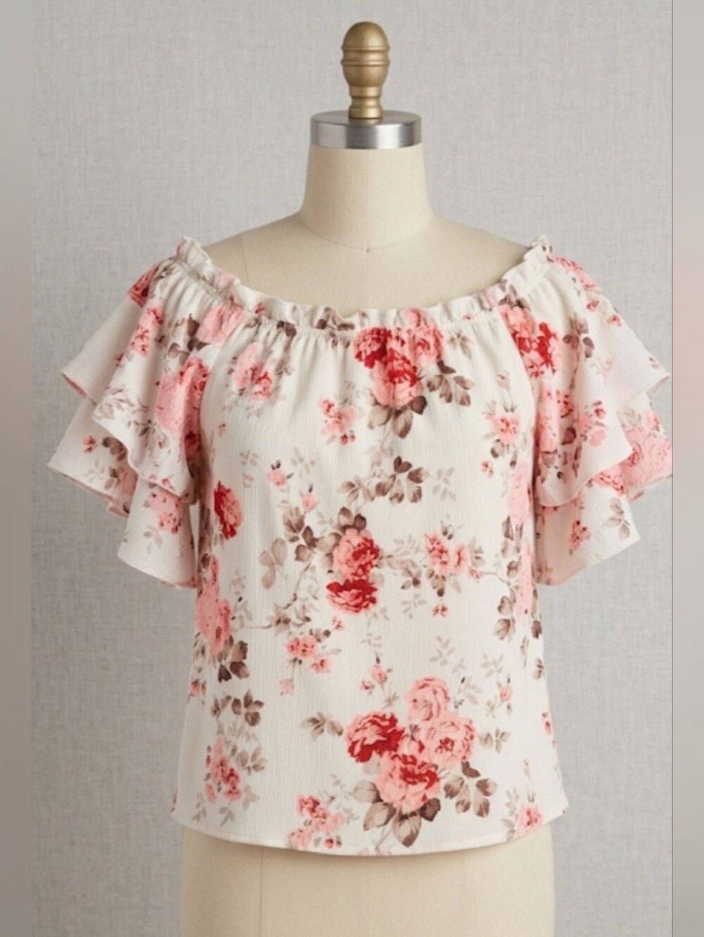 Off-Shoulder Floral Ruffle Sleeve Top - Pink/White